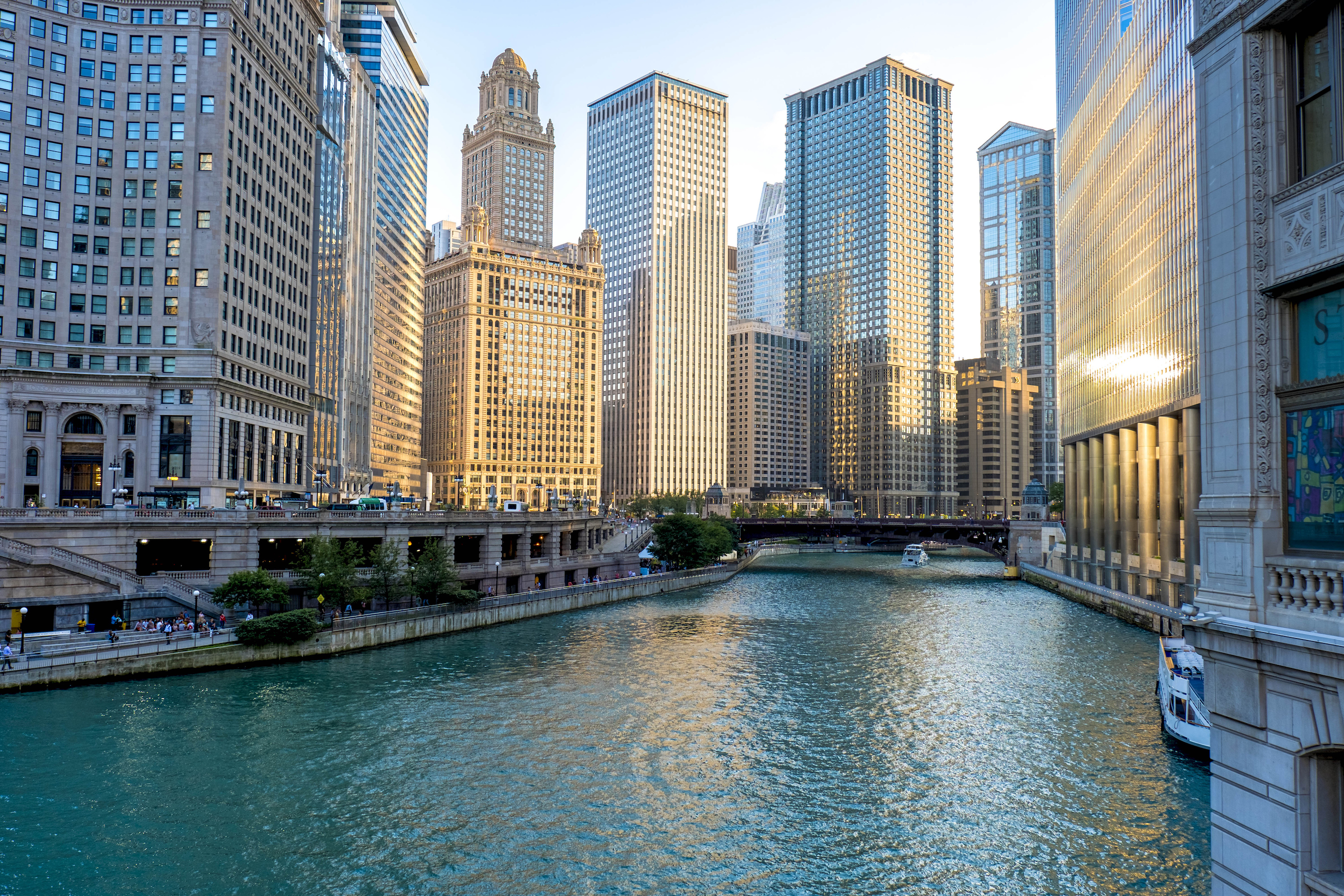The city of Chicago & the Chicago River during sunset hours